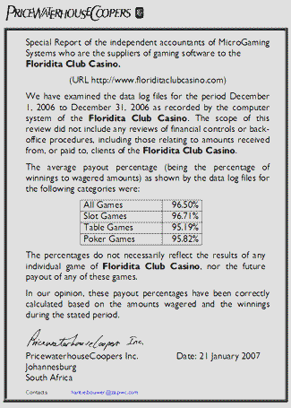 Floridita Club Casino Payout Certificate