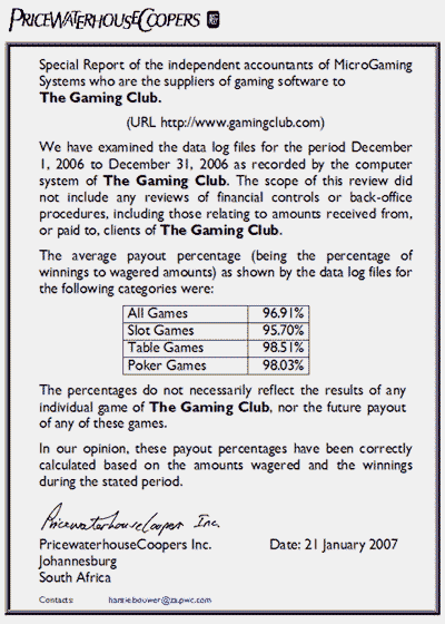 Gaming Club Casino Payout Certificate