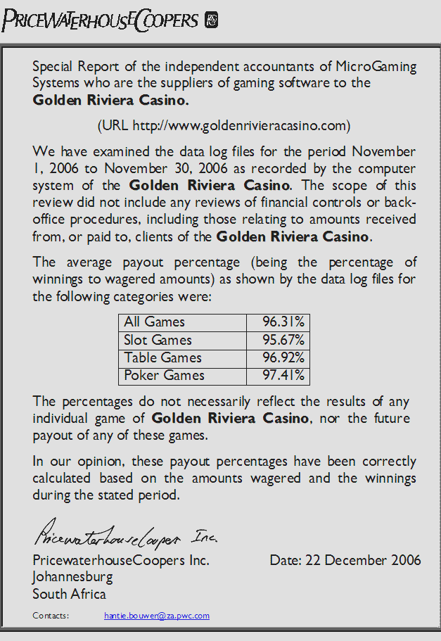 Golden Riviera Casino Payout Certificate
