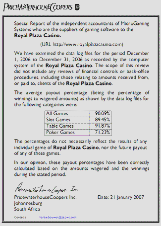 Royal Plaza Casino Payout Certificate