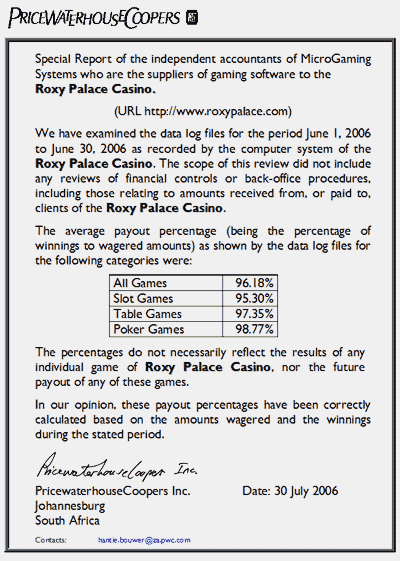 Roxy Palace Casino Payout Certificate