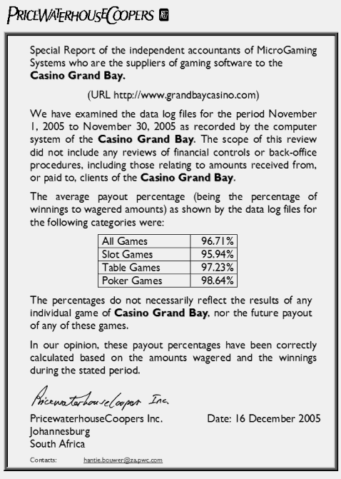 Grand Bay Casino Payout Certificate