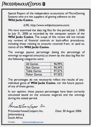 Wild Jack Casino Payout Certificate