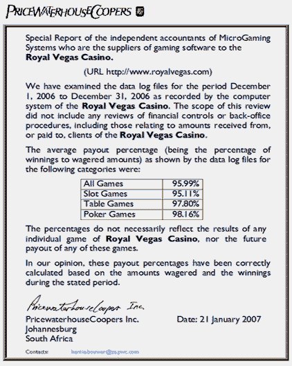 Royal Vegas Casino Payout Certificate