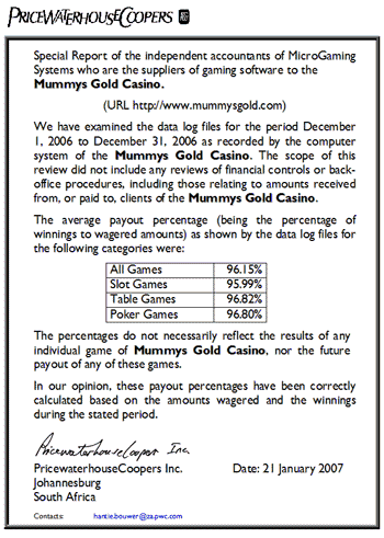 Mummys Gold Casino Payout Certificate