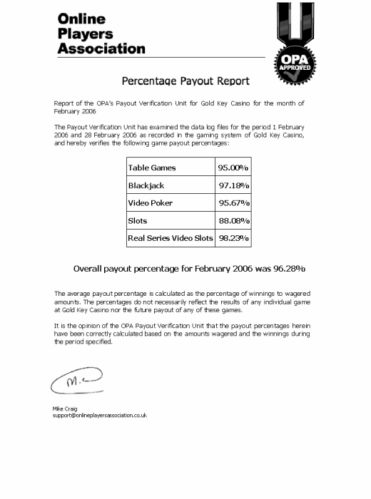 Gold Key Casino Payout Certificate