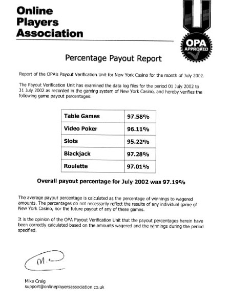 New York Casino Payout Certificate