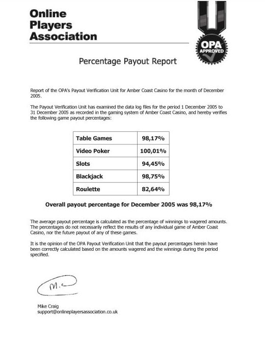 Amber Coast Casino Payout Certificate