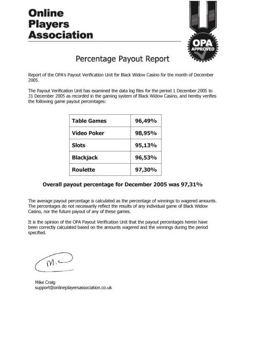Black Widow Casino Payout Certificate