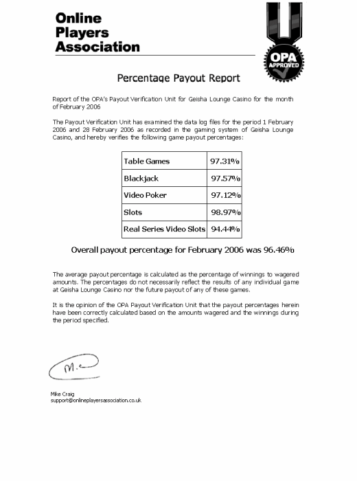 Geisha Lounge Casino Payout Certificate