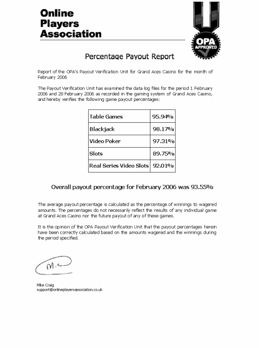 Grand Aces Casino Payout Certificate