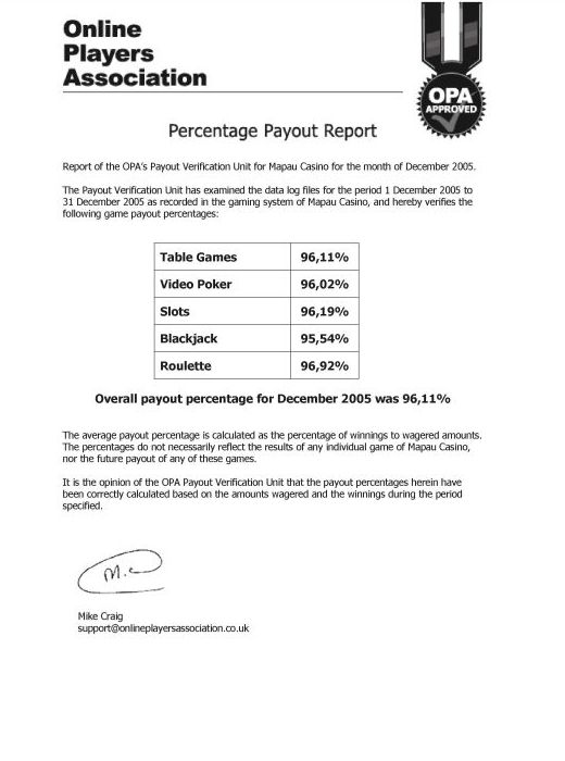 Casino Mapau Payout Certificate