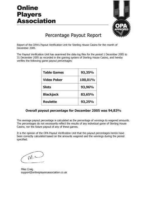 Sterling House Casino Payout Certificate