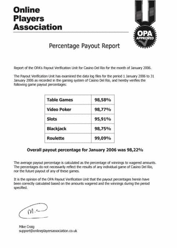 Casino Del Rio Casino Payout Percentages