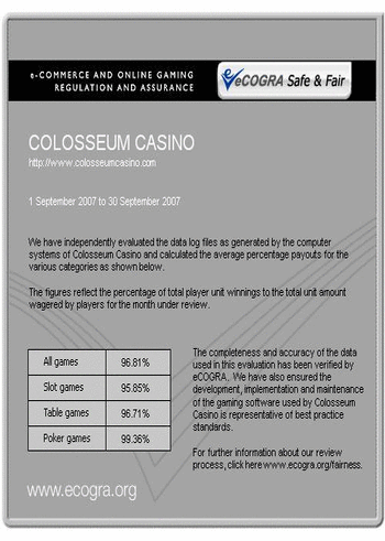Colosseum Casino Payout Percentages