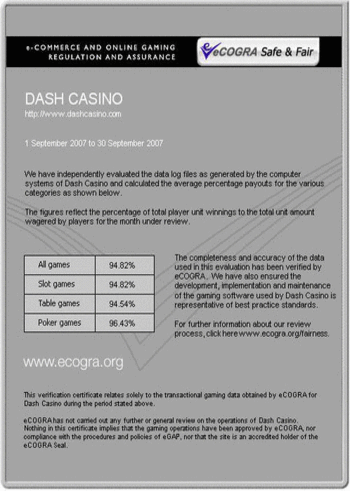 Dash Casino Payout Percentages