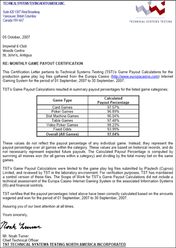 Europa Casino Payout Percentages